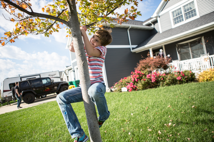 A child holds onto a garden tree trunk with both feet lifted.