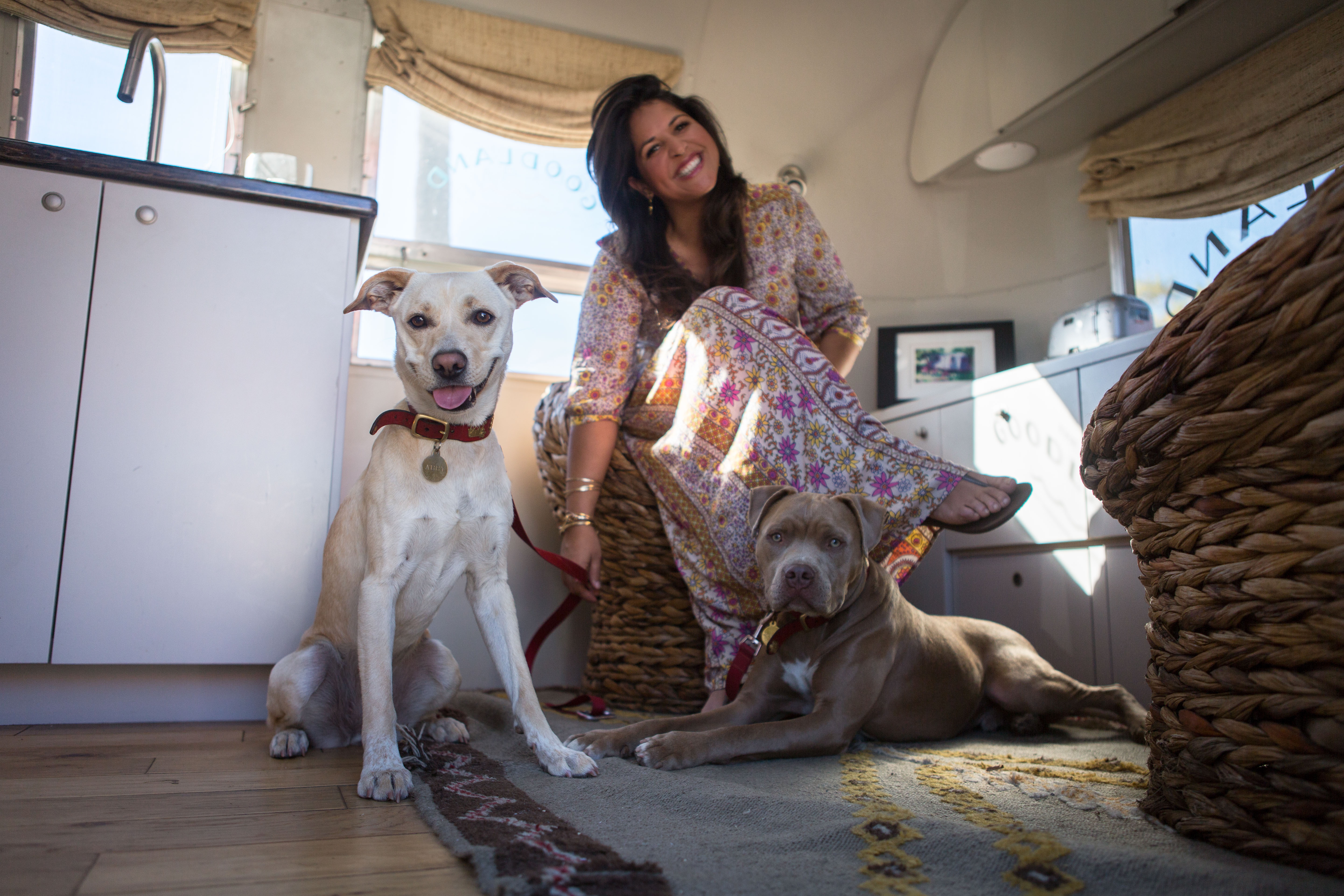 Woman at home beside her two dogs