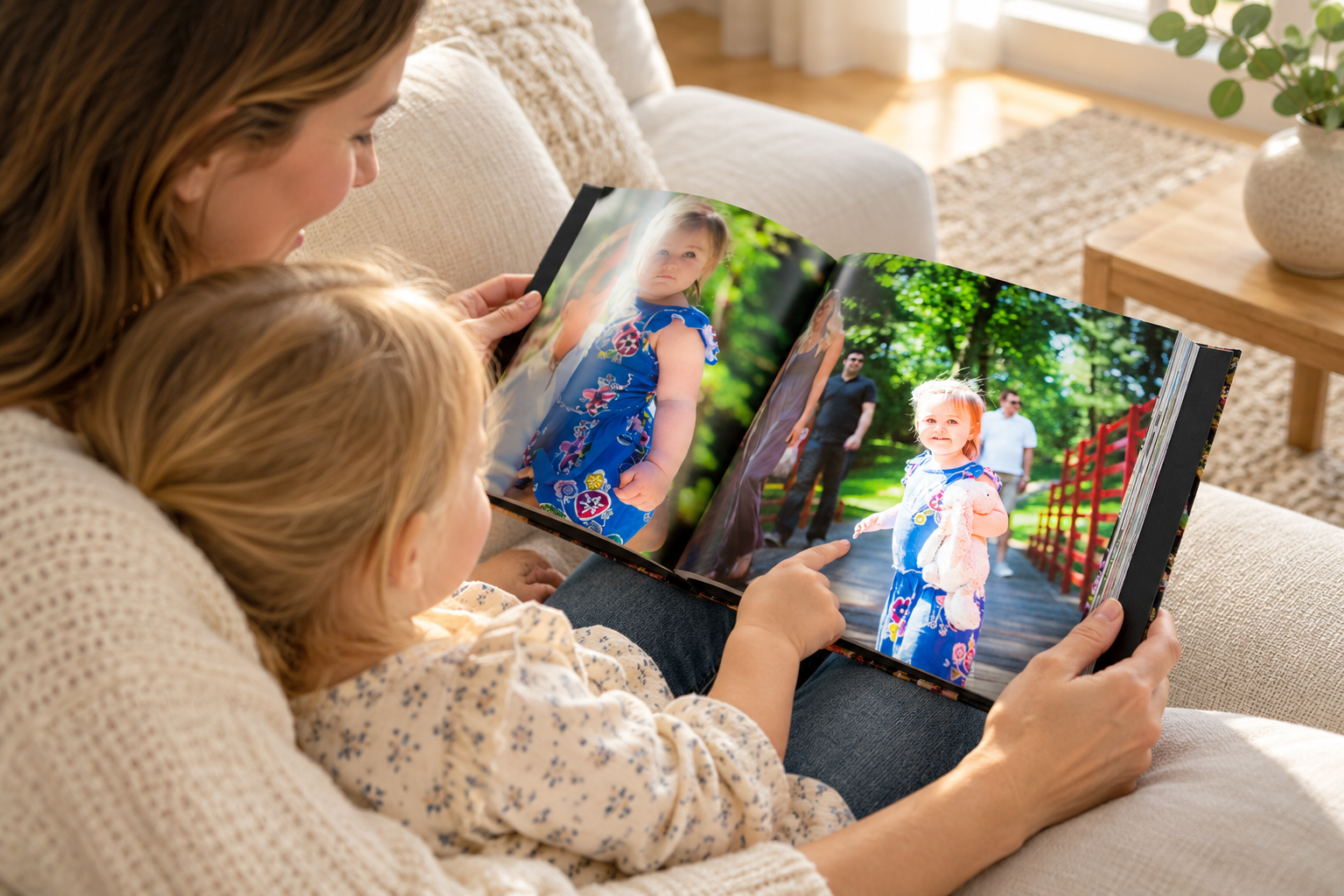 Parent and child looking at an open PHOTObiography book together.