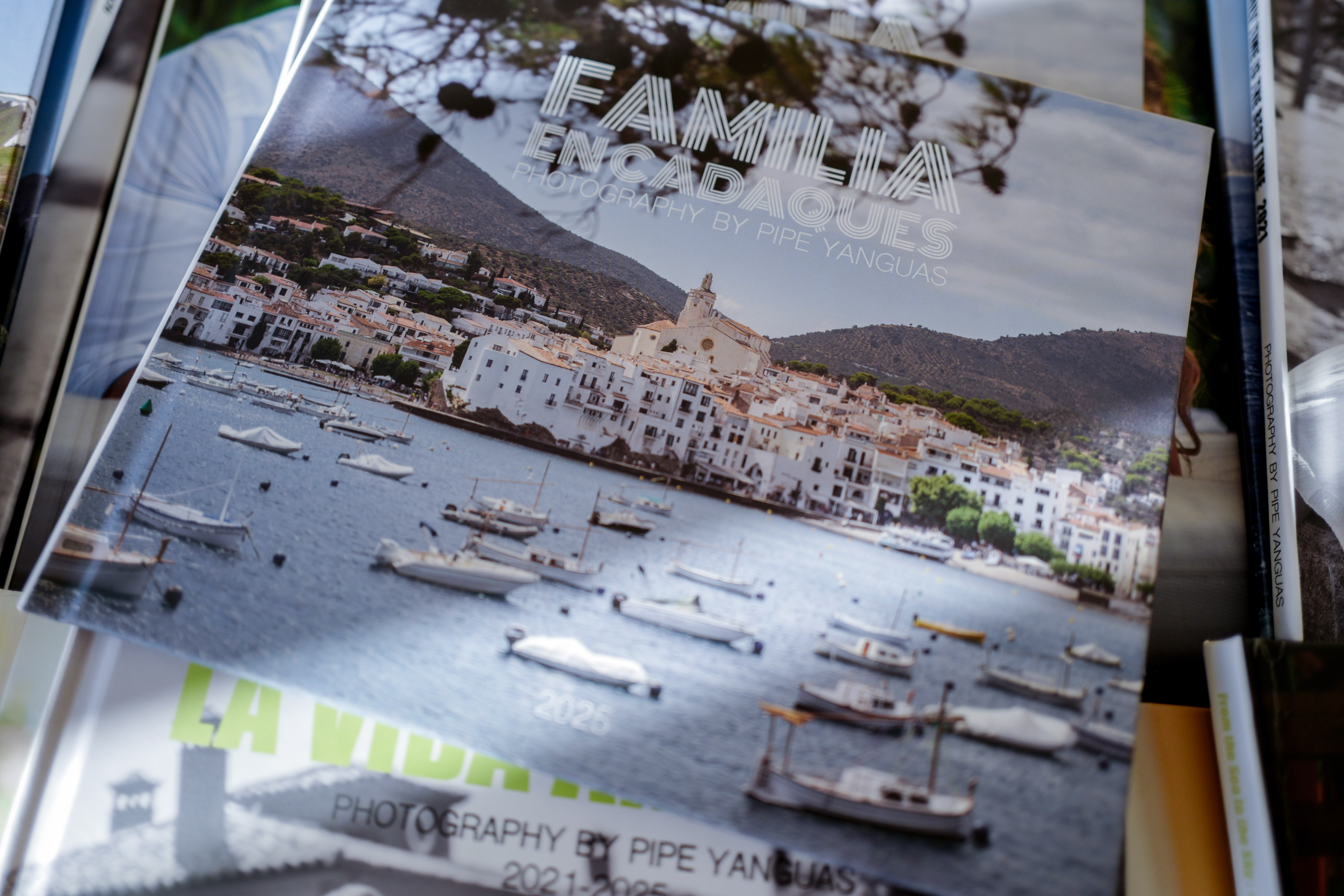 A PHOTObiography book cover shows a coastal town and boats in a harbor.